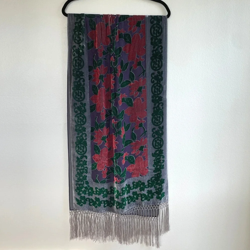 Silk Burnout Velvet Scarf Purple Red Floral Fringe Devore Wrap Whimsigoth Boho
